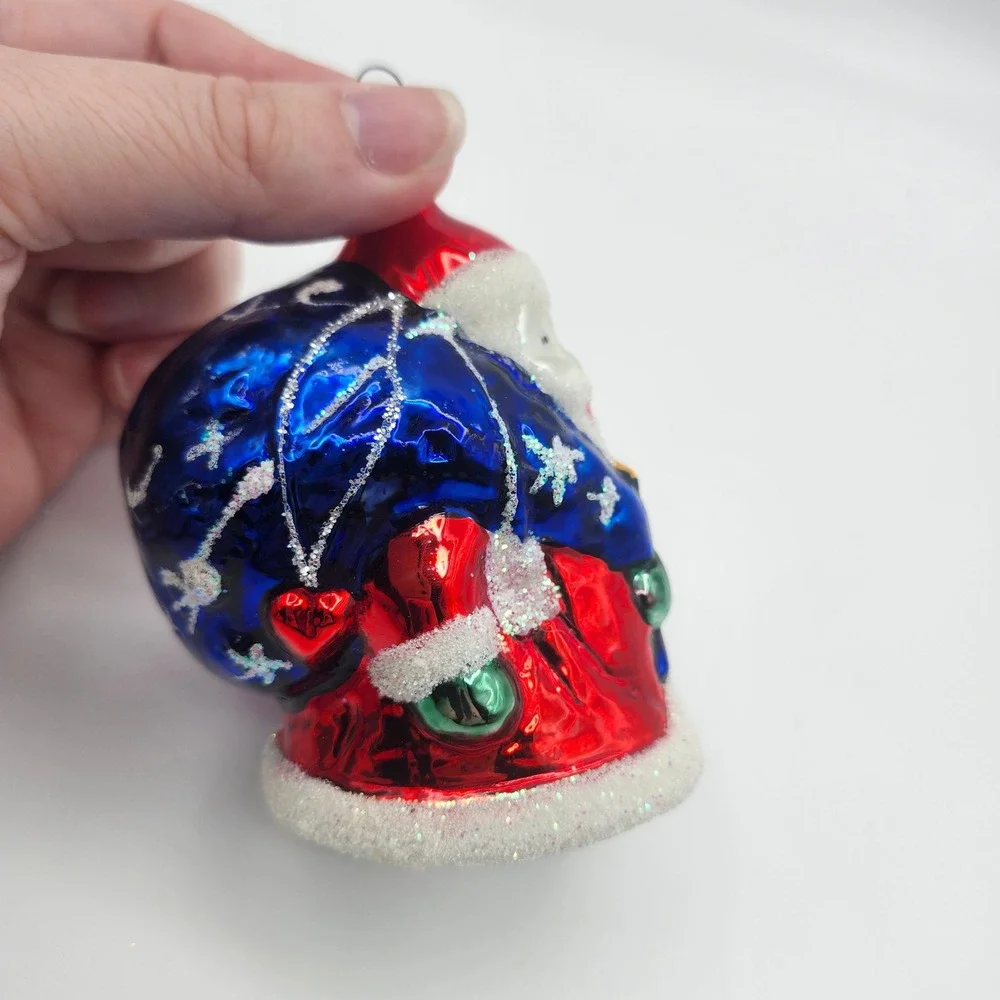 Czech Blown Glass Santa Claus‎ Ornament Red Blue Gift Sack Vintage  Holiday